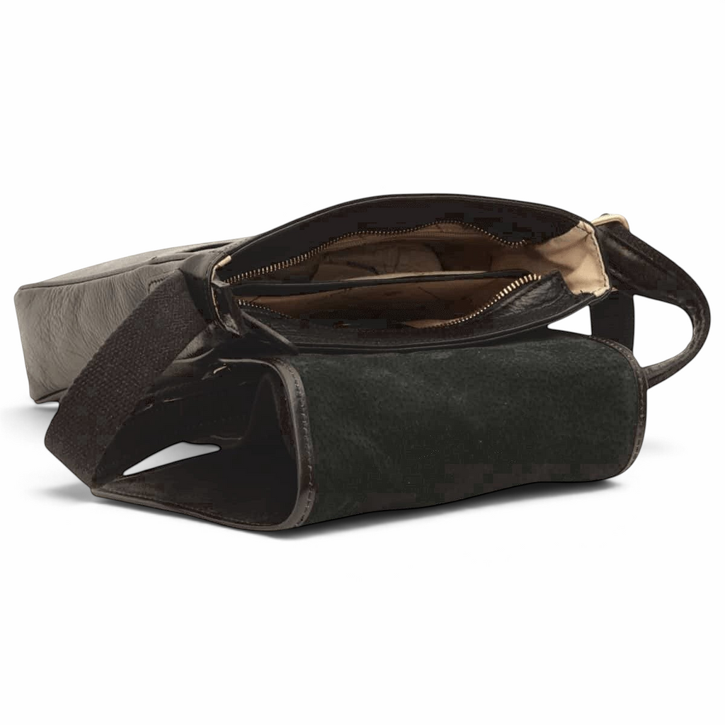 Borsa messenger Vetrina Fiorentina compatta in pelle di vitello nera con tracolla regolabile e scomparto interno