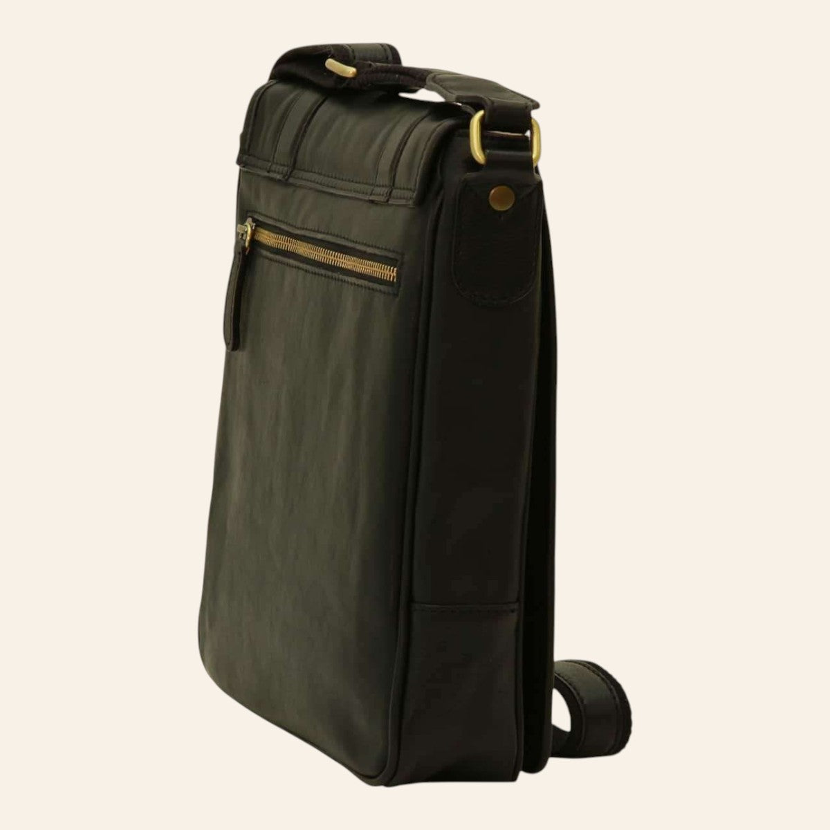 Borsa messenger Vetrina Fiorentina in pelle di vitello pieno fiore nera con cerniera in ottone, vista posteriore