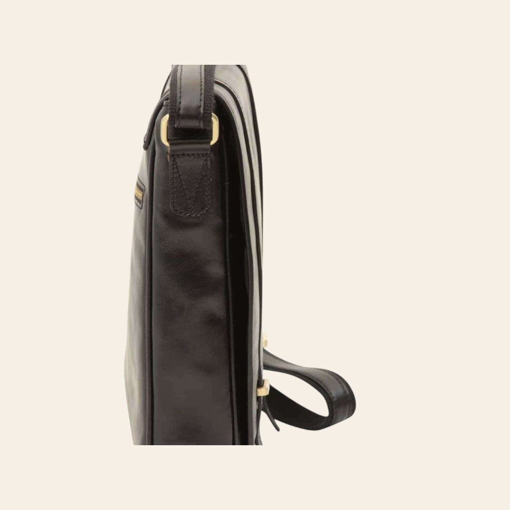 Borsa messenger Vetrina Fiorentina in pelle di vitello pieno fiore nera con tracolla e dettagli in metallo dorato