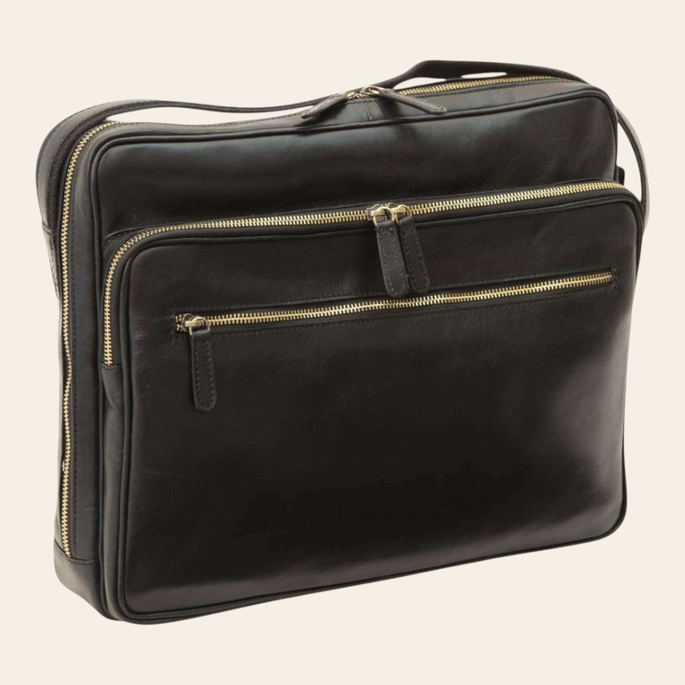 Borsa messenger Vetrina Fiorentina grande in pelle nera di vitello con chiusure a zip e tracolla regolabile
