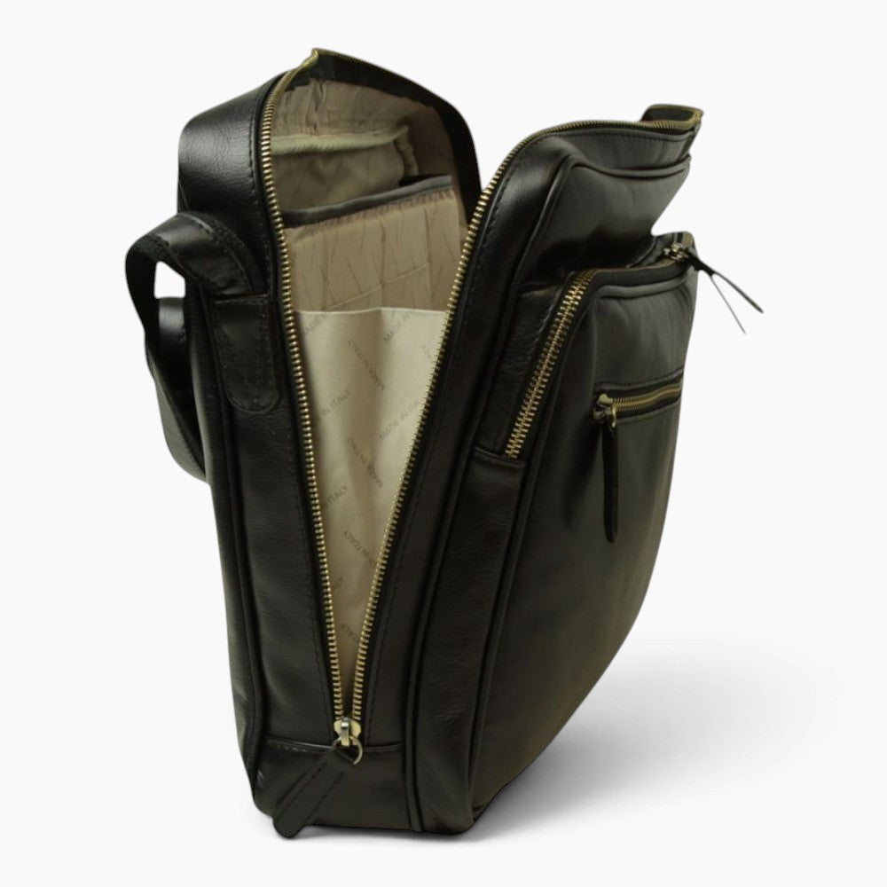 Borsa messenger Vetrina Fiorentina in pelle di vitello nera con scomparto imbottito e cerniere dorate