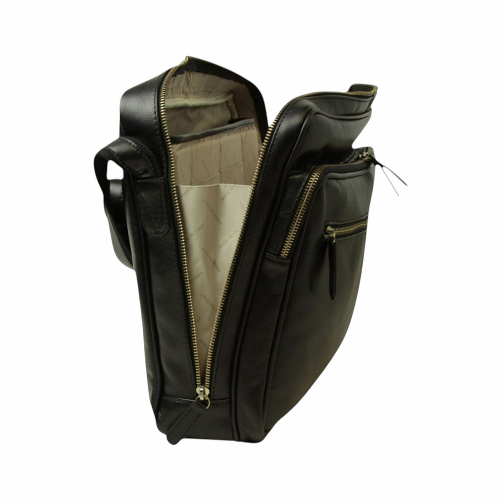 Borsa messenger Vetrina Fiorentina in pelle di vitello nera con scomparto imbottito e cerniere dorate
