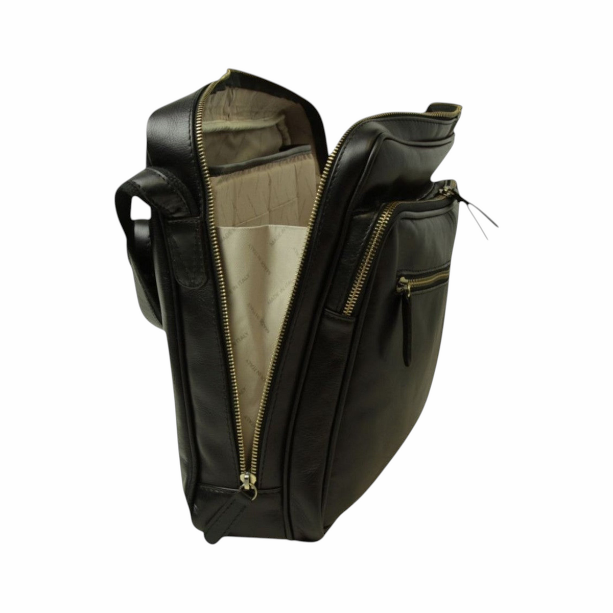 Borsa messenger Vetrina Fiorentina in pelle di vitello nera con scomparto imbottito e cerniere dorate