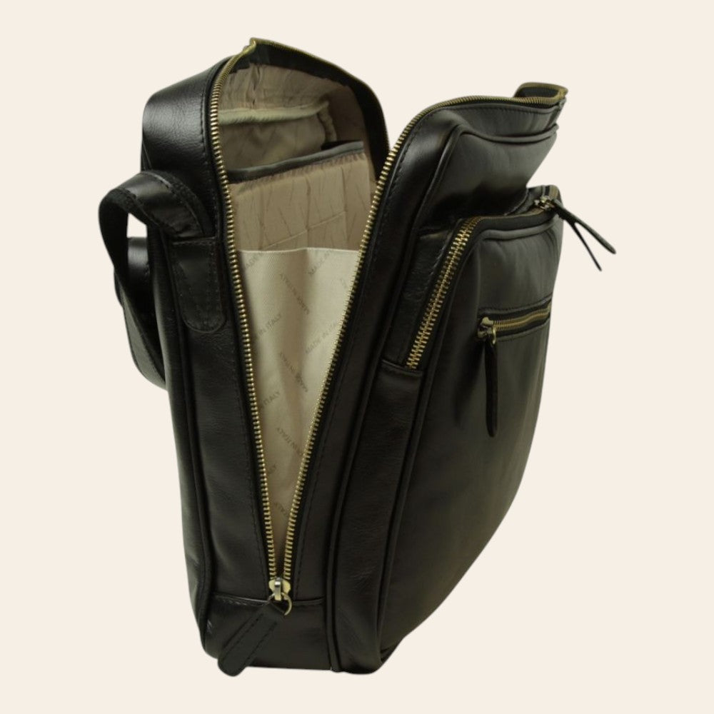Borsa messenger grande Vetrina Fiorentina in pelle nera artigianale con scomparto interno imbottito e chiusura a zip
