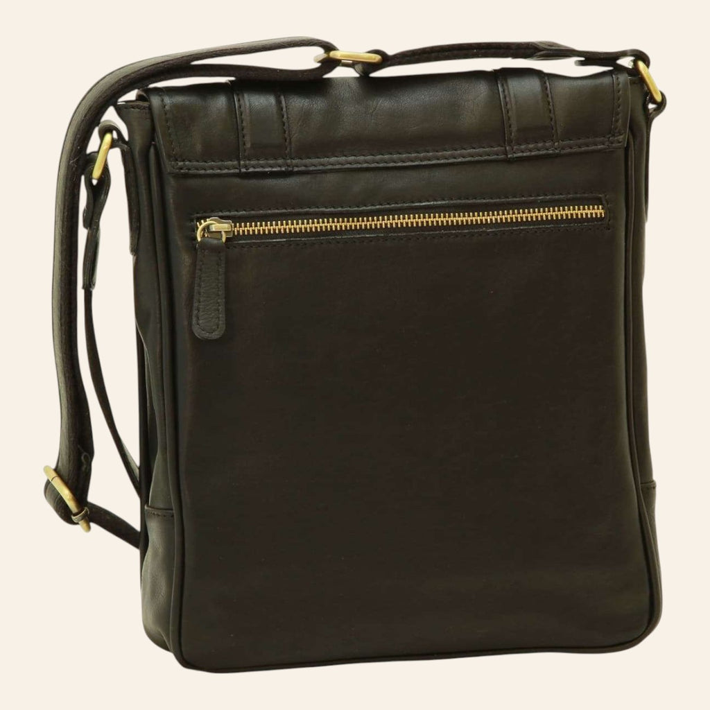 Borsa messenger Vetrina Fiorentina in pelle di vitello pieno fiore nera con zip in ottone e tracolla regolabile
