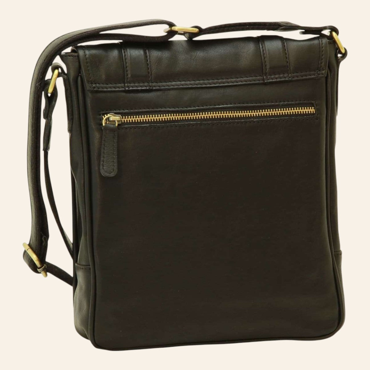 Borsa messenger Vetrina Fiorentina in pelle di vitello pieno fiore nera con zip in ottone e tracolla regolabile