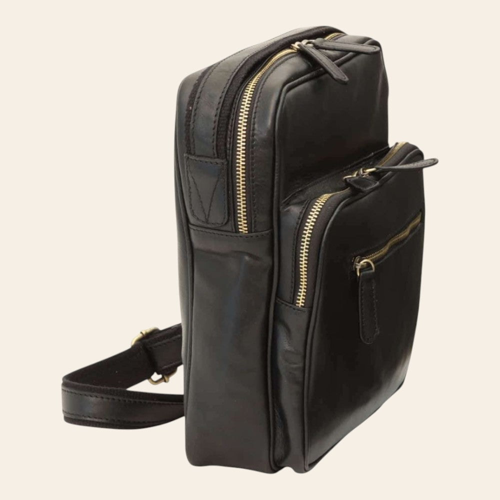 Borsa messenger piccola Vetrina Fiorentina in pelle nera artigianale con zip dorate e tracolla regolabile