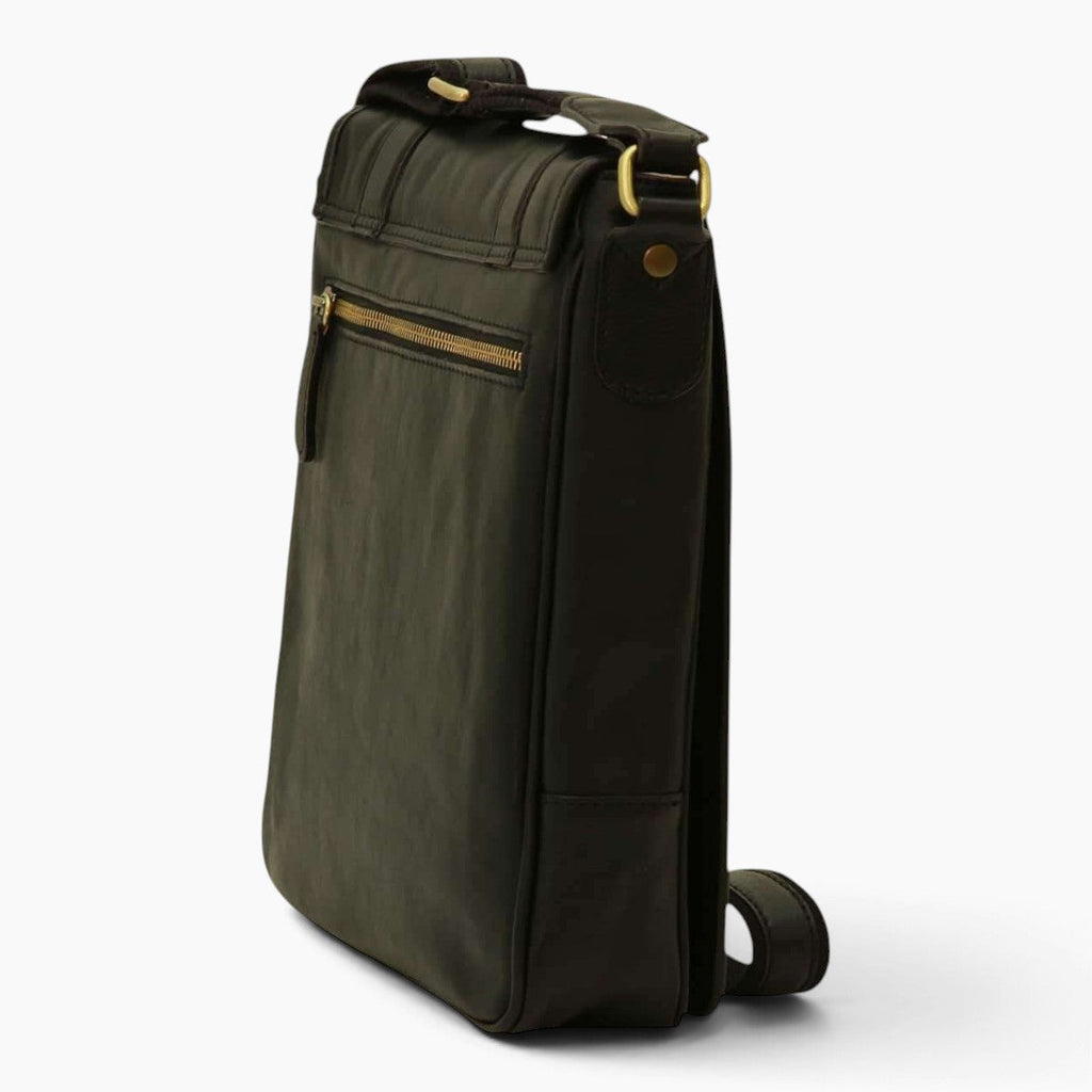 Borsa messenger Vetrina Fiorentina in pelle di vitello pieno fiore nera con dettagli in ottone, vista posteriore