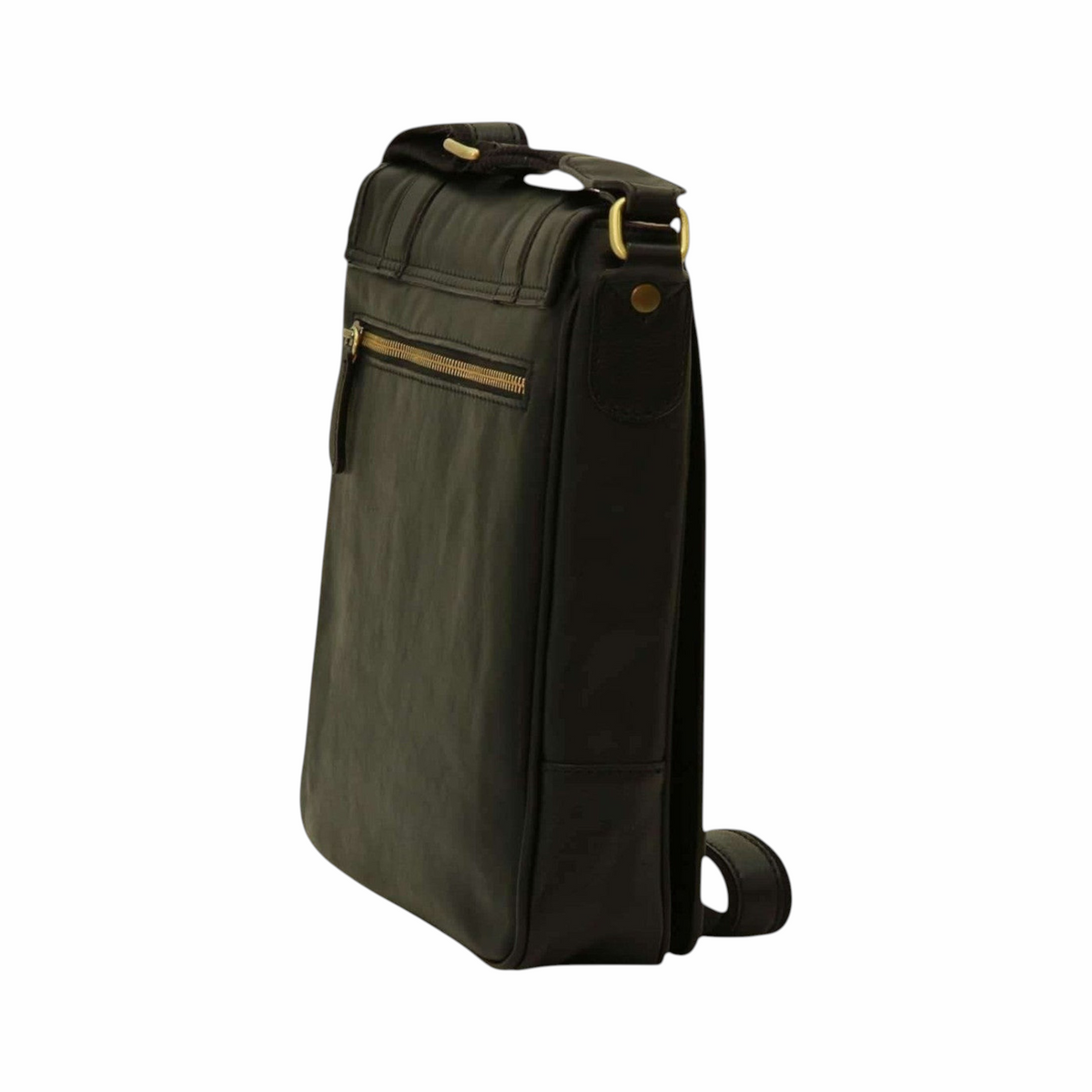 Borsa messenger Vetrina Fiorentina in pelle di vitello pieno fiore nera con dettagli in ottone, vista posteriore