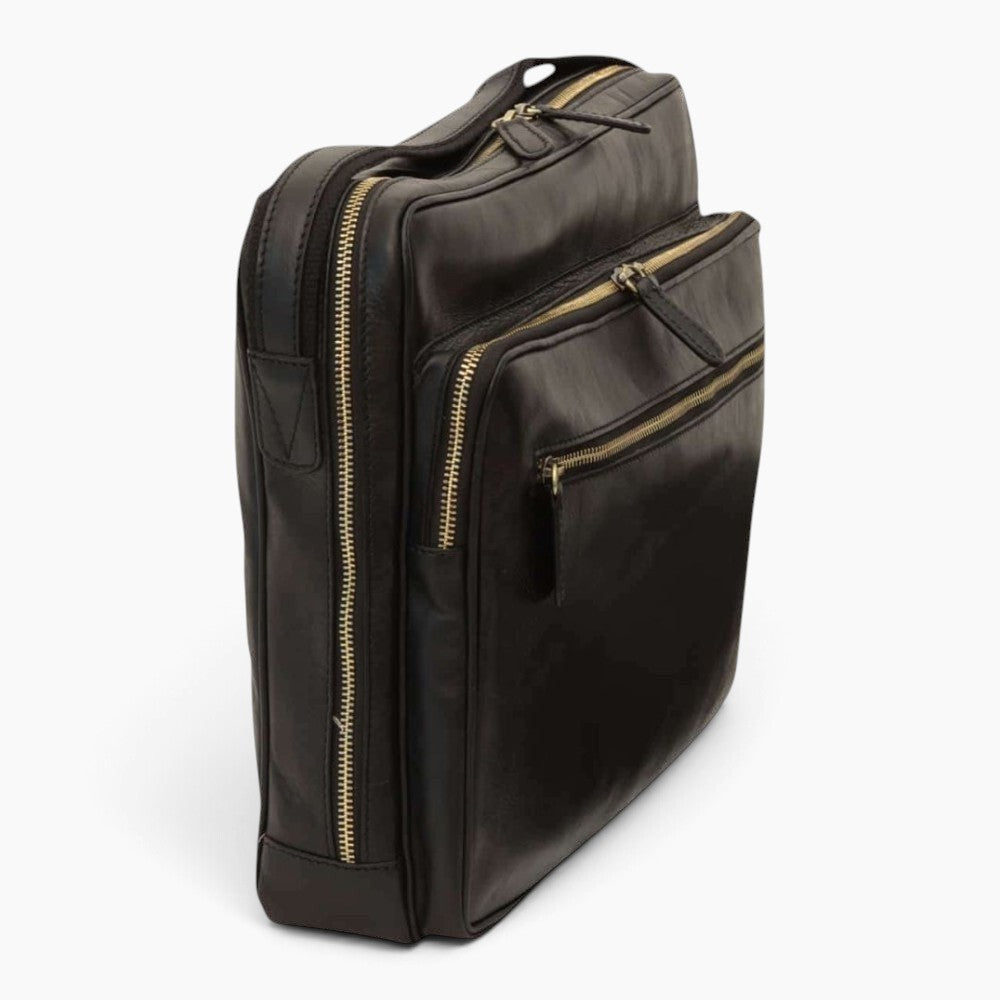 Borsa messenger Vetrina Fiorentina in pelle di vitello nera con cerniere dorate e fascia per trolley