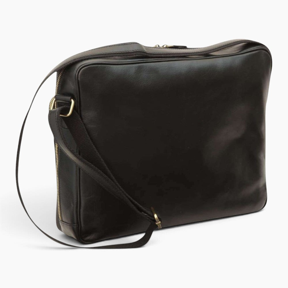 Borsa messenger Vetrina Fiorentina in pelle di vitello nera artigianale con tracolla regolabile e fascia per trolley
