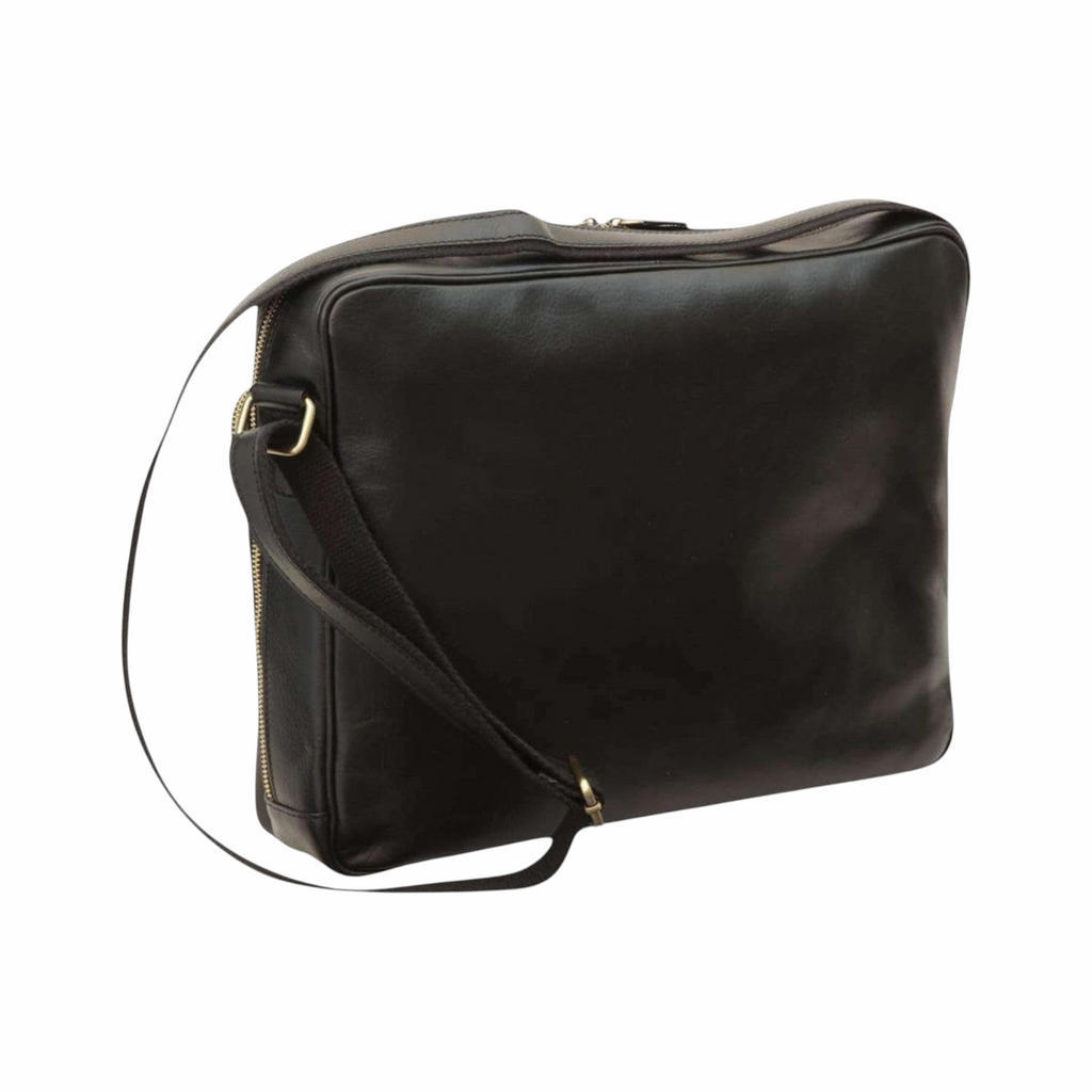 Borsa messenger Vetrina Fiorentina in pelle di vitello nera artigianale con tracolla regolabile e fascia per trolley