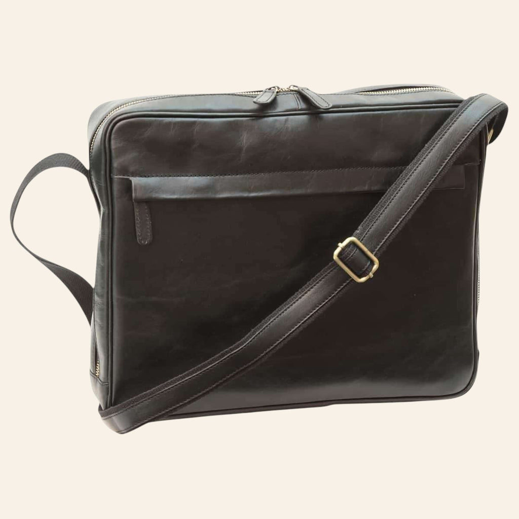 Bolso messenger de piel de becerro plena flor negro con correa ajustable y bolsillos exteriores con cremallera