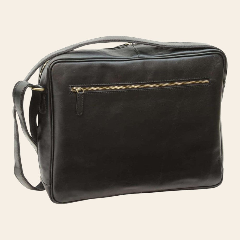 Borsa messenger Vetrina Fiorentina in pelle di vitello nera artigianale con tasca esterna con zip e tracolla regolabile