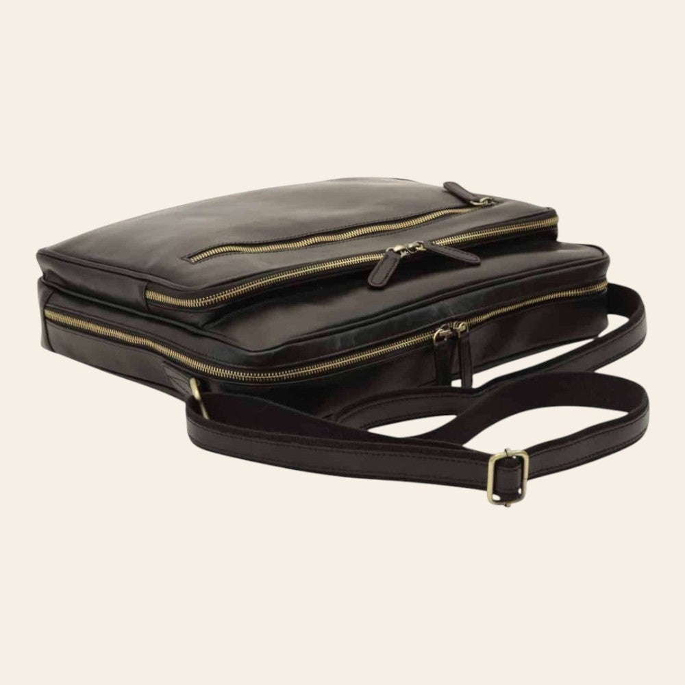 Borsa messenger grande Vetrina Fiorentina in pelle nera con zip e tracolla regolabile, artigianale Made in Italy