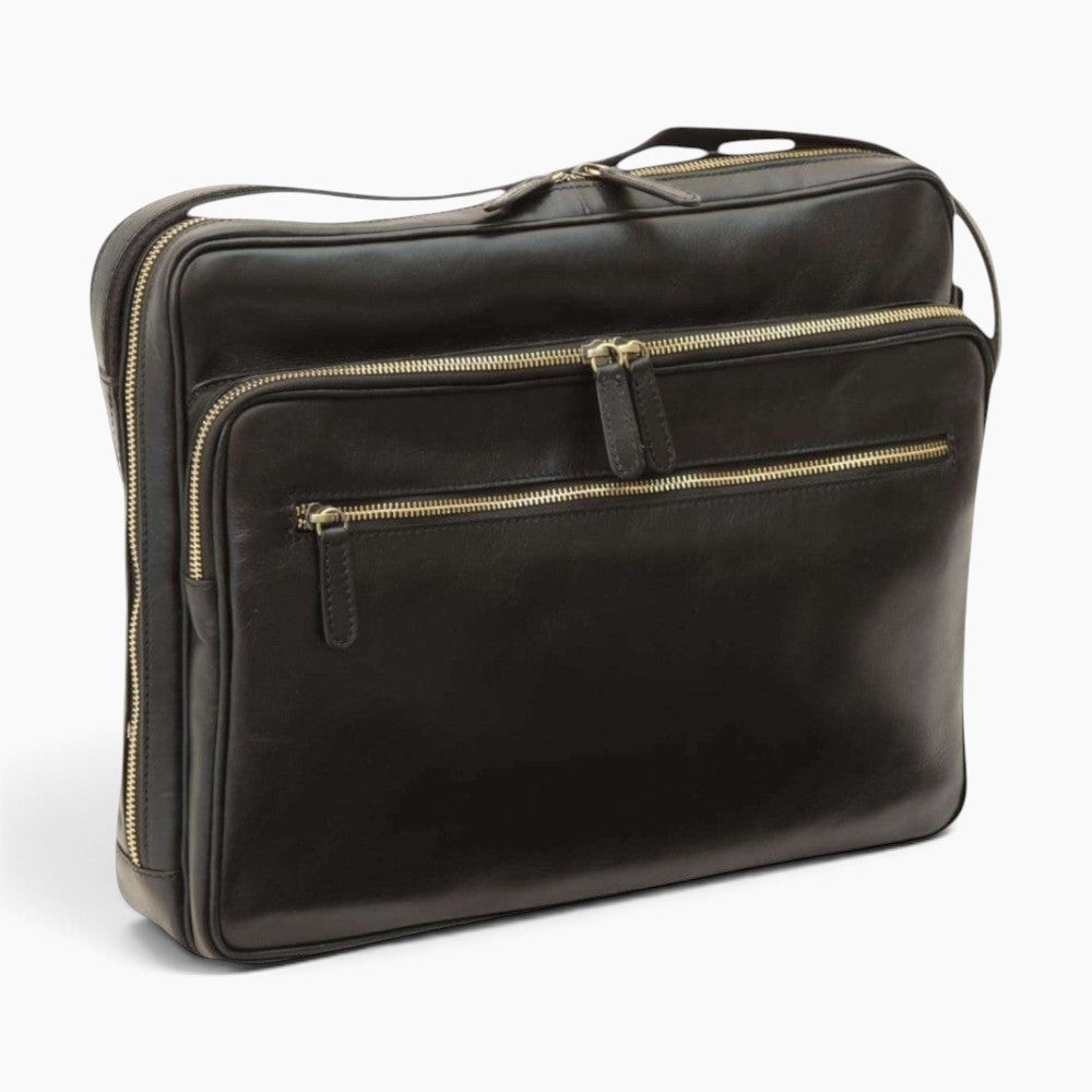 Borsa messenger Vetrina Fiorentina in pelle di vitello nera con cerniere e tracolla regolabile