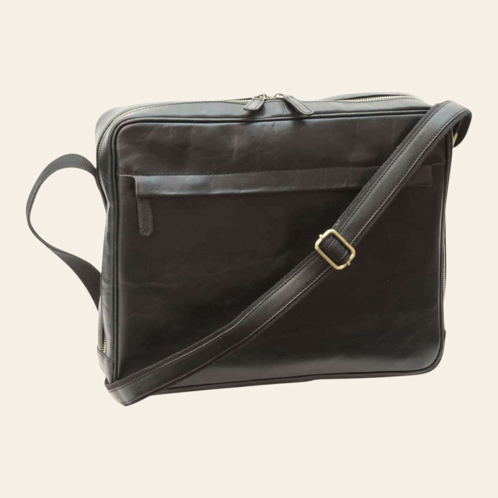 Borsa messenger Vetrina Fiorentina in pelle di vitello pieno fiore nera con tracolla regolabile e tasche con zip