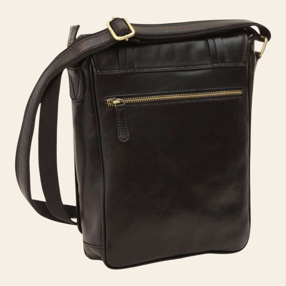 Borsa messenger Vetrina Fiorentina in pelle di vitello pieno fiore nera con tasca posteriore con zip e tracolla regolabile