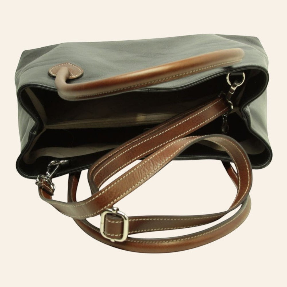 Borsa Vetrina Fiorentina bicolore in pelle pieno fiore nera e marrone con tracolla regolabile e interni organizzati