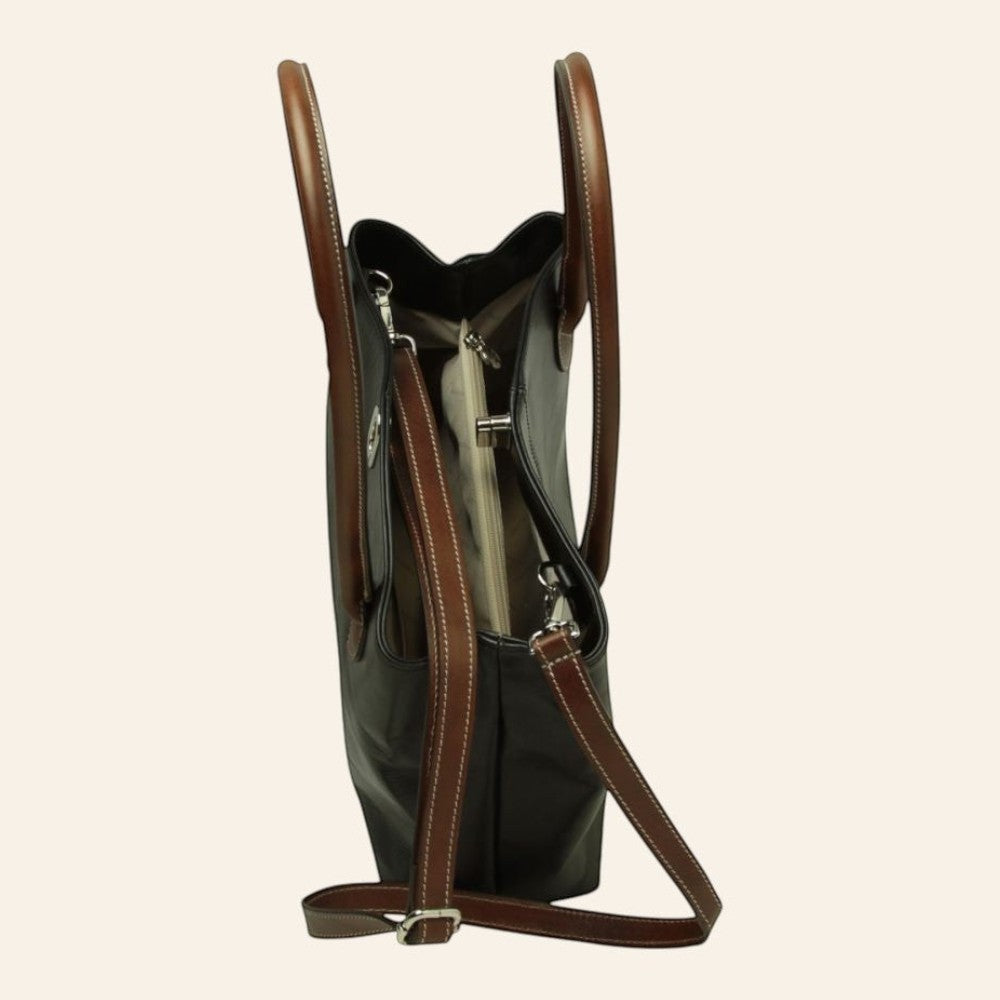 Borsa Vetrina Fiorentina bicolore in pelle pieno fiore nera e marrone con manici e tracolla regolabile