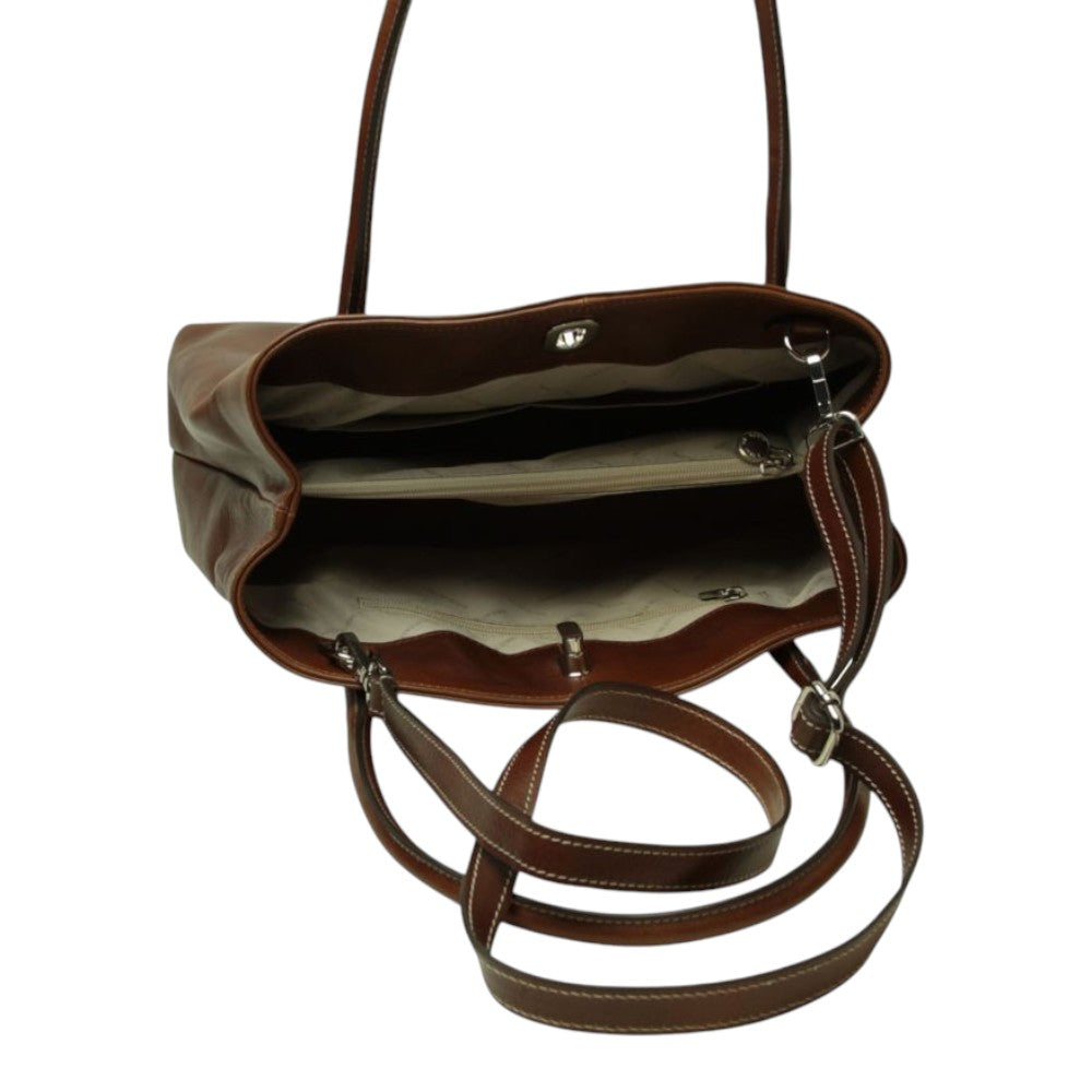 Interno della borsa a mano Vetrina Fiorentina in pelle pieno fiore color castagna con scomparti e tracolla