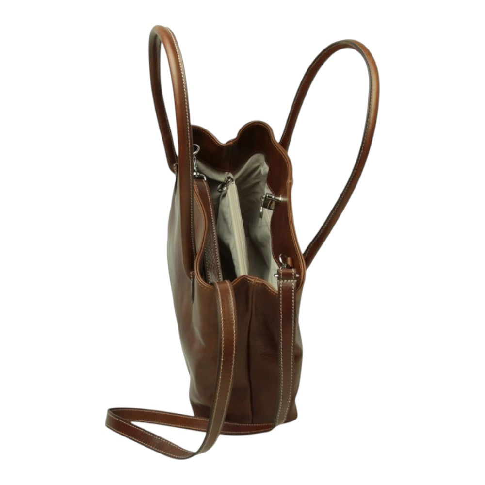 Borsa a mano Vetrina Fiorentina in pelle pieno fiore color castagna con manici e tracolla, vista laterale aperta