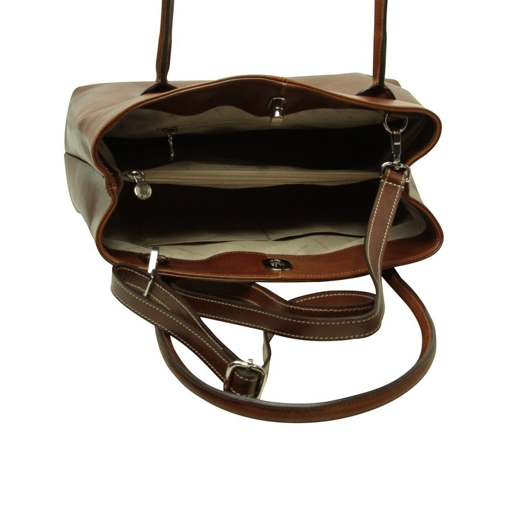 Interno della borsa a mano Vetrina Fiorentina in pelle marrone pieno fiore con scomparti e tracolla regolabile