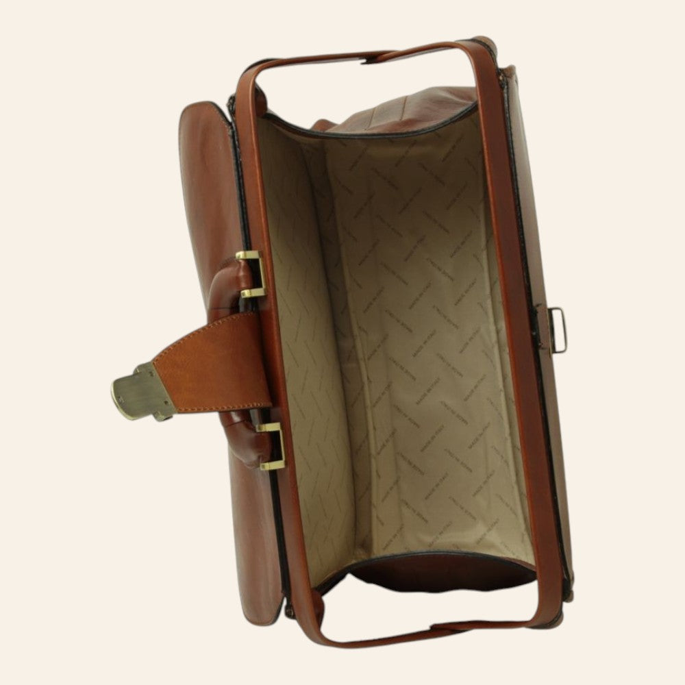 Borsa Vetrina Fiorentina Old Angler in pelle di vitello pieno fiore marrone con apertura a scatto e interno foderato