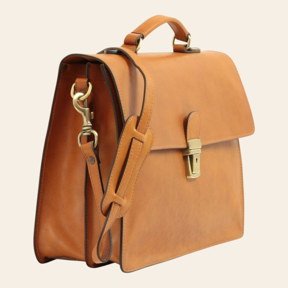 Borsa porta PC Vetrina Fiorentina in pelle di vitello marrone coloniale con tracolla e chiusura a clip in ottone