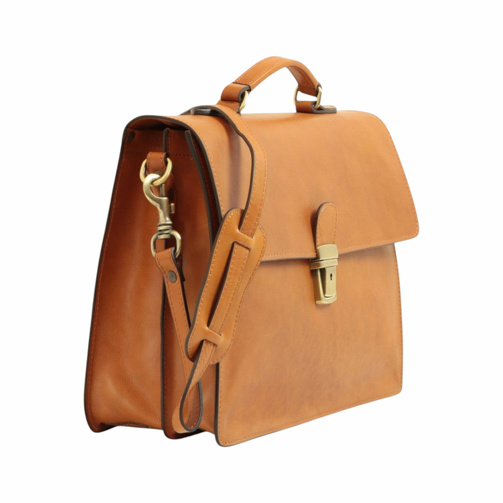 Borsa porta PC Vetrina Fiorentina in pelle di vitello marrone coloniale con tracolla e chiusura a clip in ottone