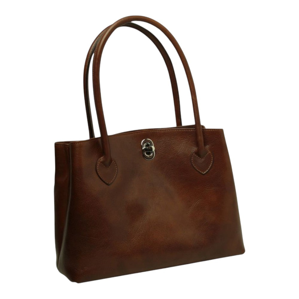 Borsa a mano Vetrina Fiorentina in pelle pieno fiore marrone con chiusura a girello e doppi manici artigianale