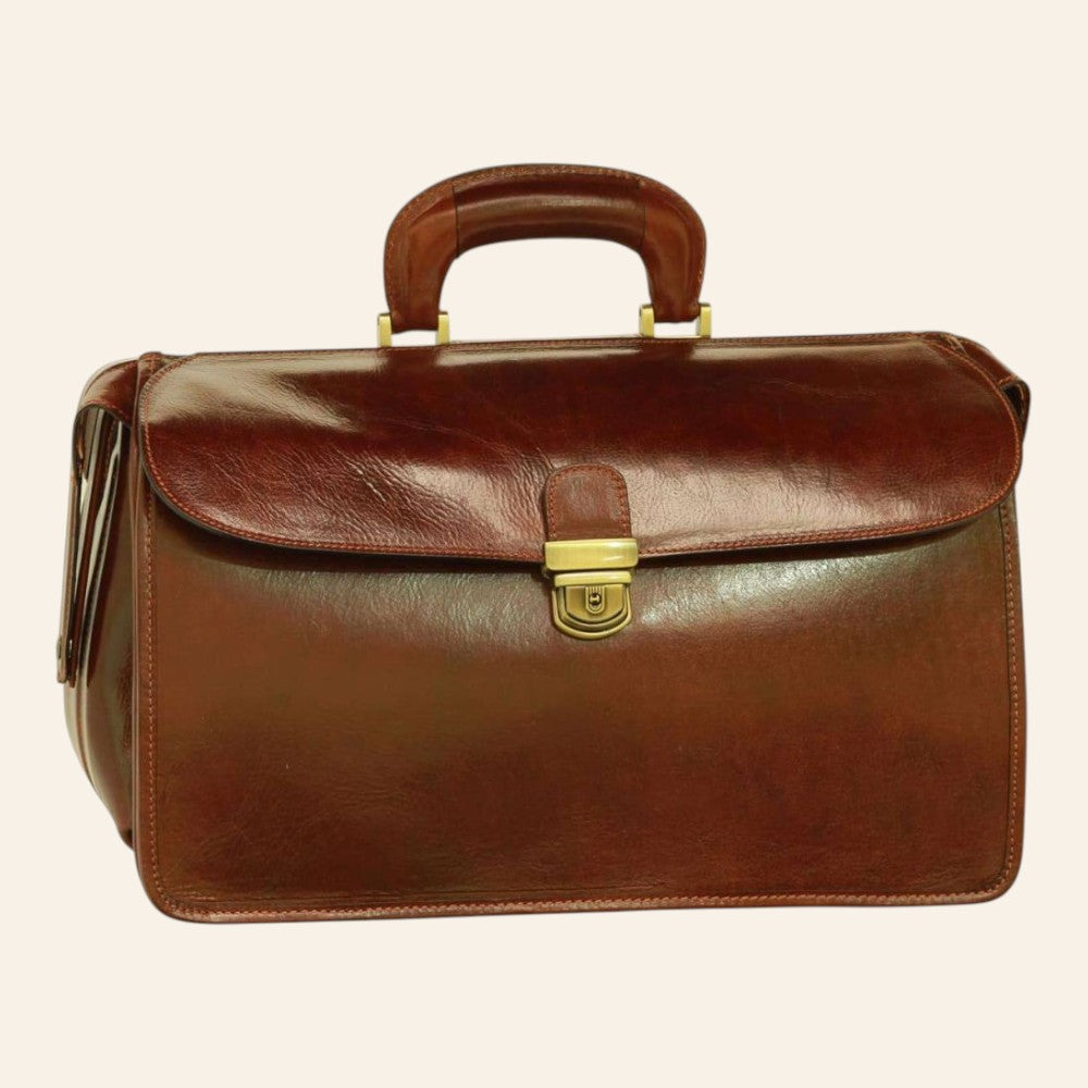 Borsa Vetrina Fiorentina in pelle di vitello pieno fiore marrone con chiusura metallica e manico rigido artigianale