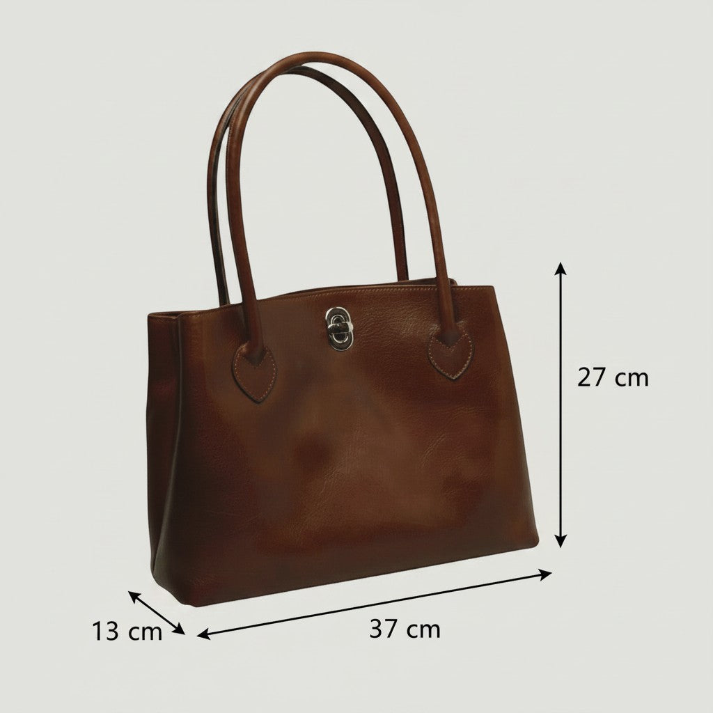 Borsa a due manici Vetrina Fiorentina in pelle pieno fiore marrone con chiusura a girello e dimensioni indicate