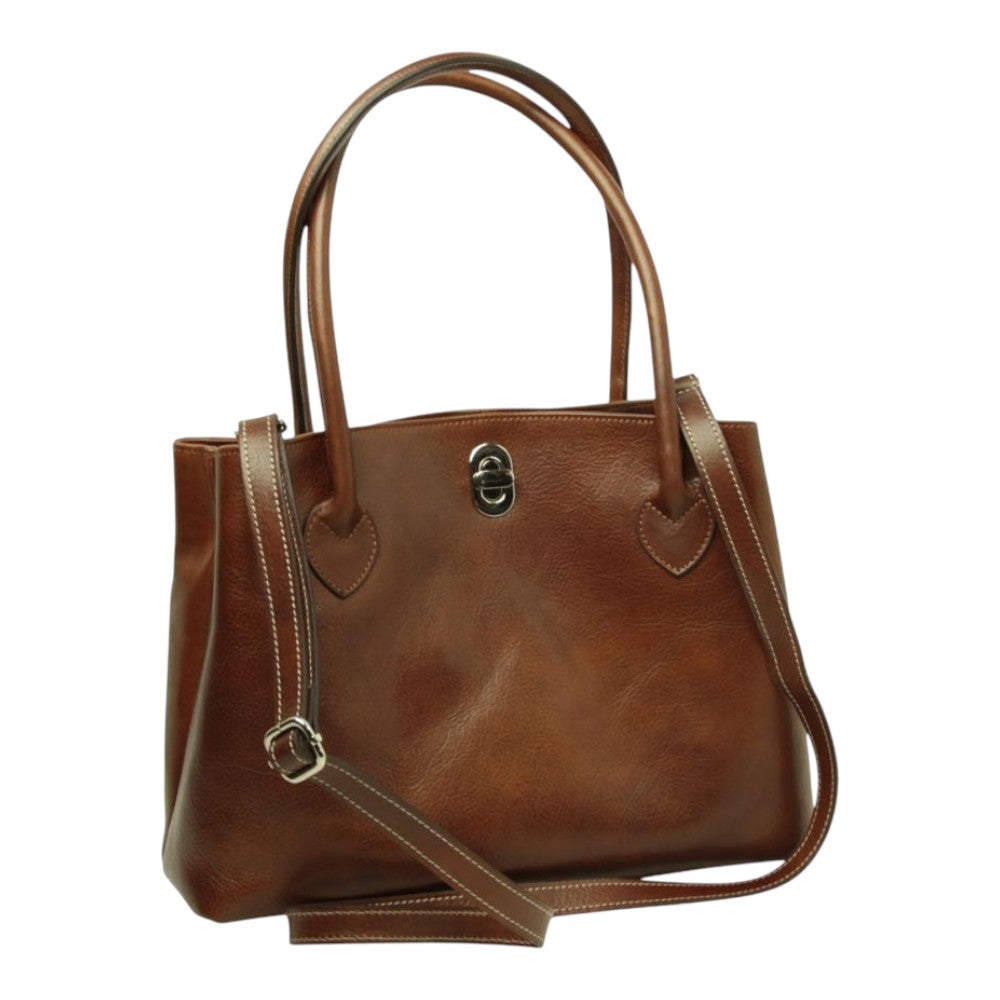 Borsa a mano Vetrina Fiorentina bicolore in pelle pieno fiore marrone con chiusura a girello e tracolla rimovibile