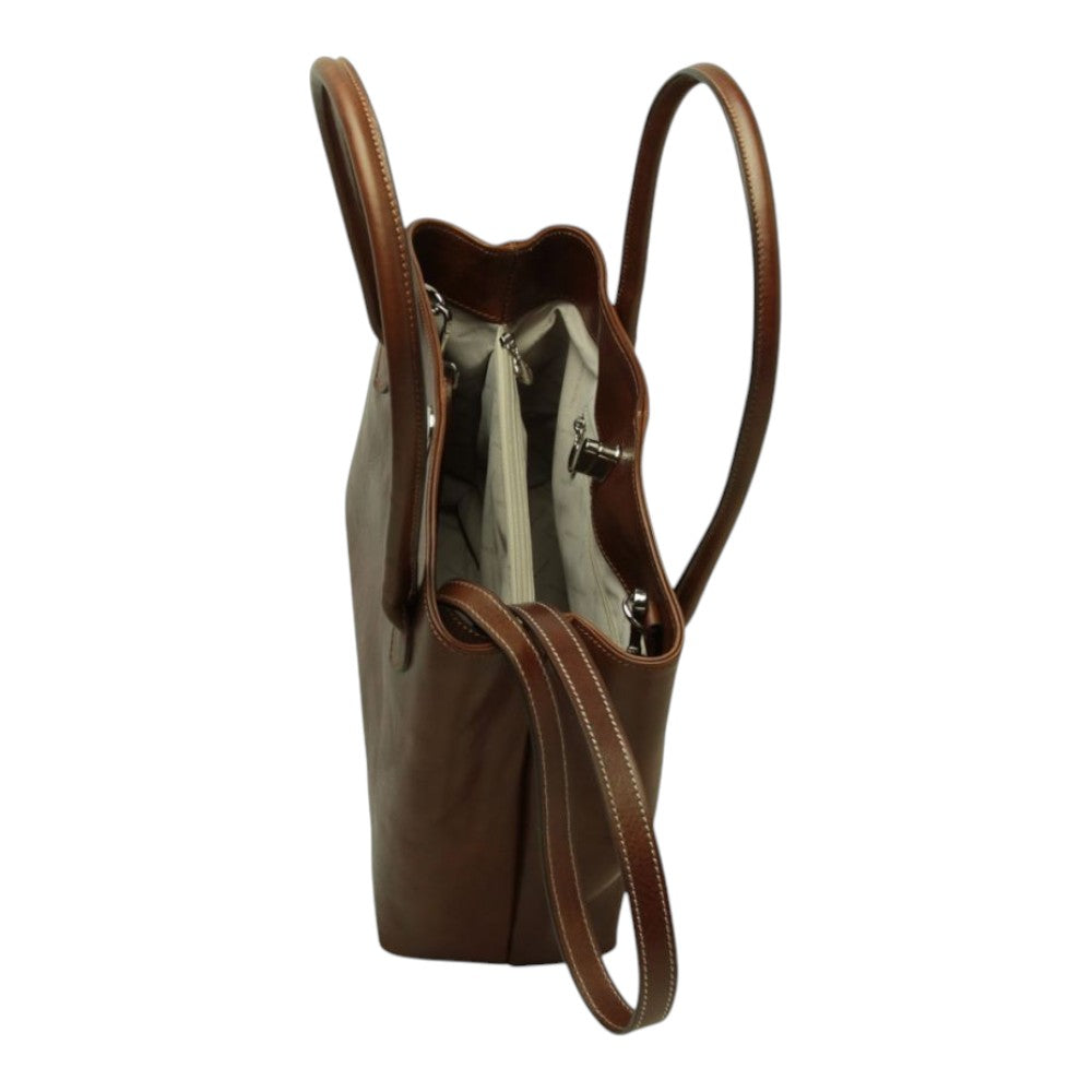 Borsa a mano Vetrina Fiorentina bicolore in pelle pieno fiore marrone con manici e tracolla regolabile