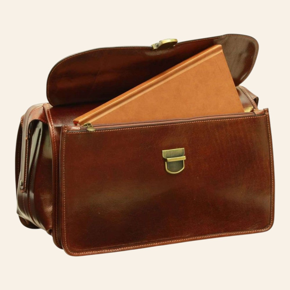 Borsa Vetrina Fiorentina in pelle di vitello pieno fiore marrone con chiusura metallica e design artigianale