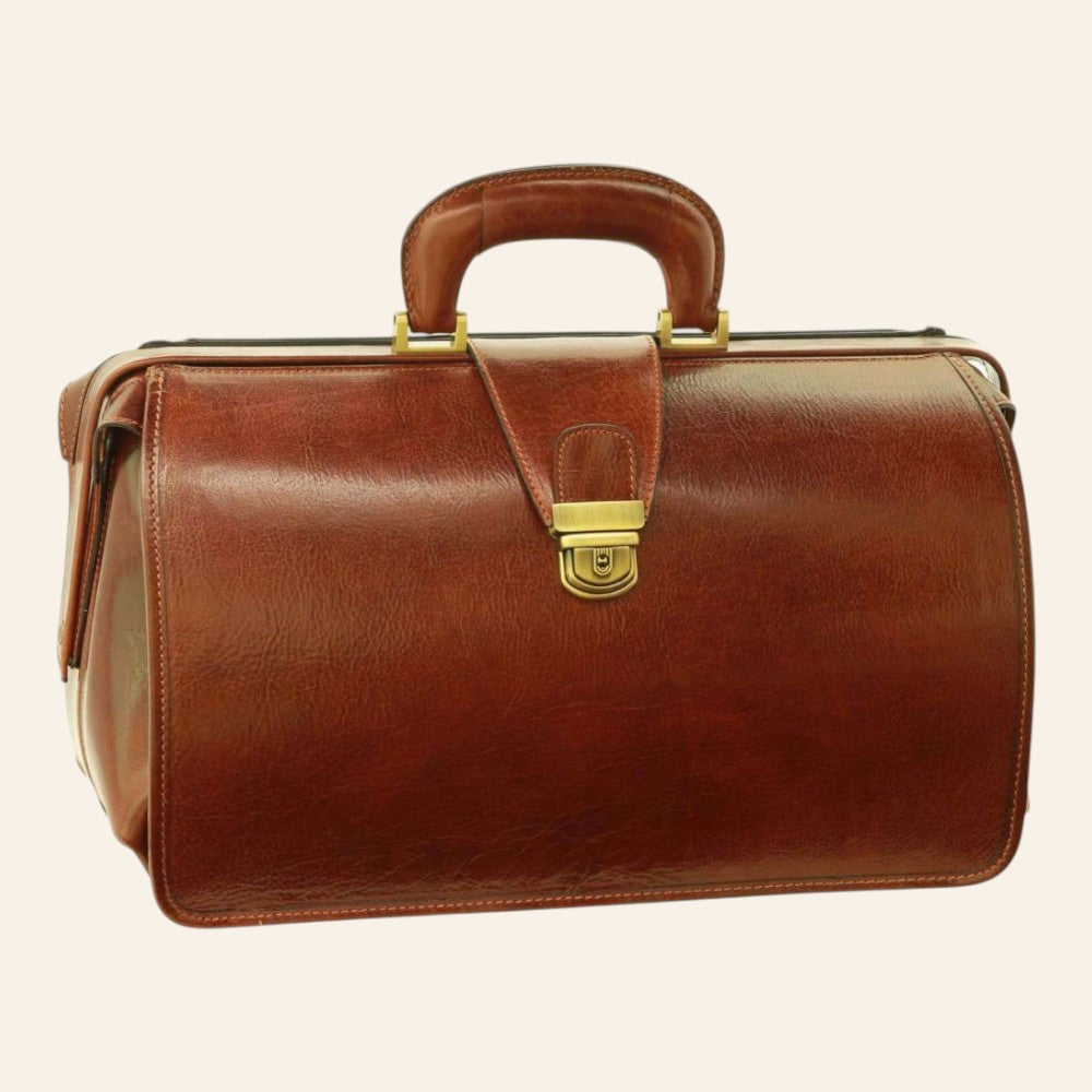 Borsa artigianale Vetrina Fiorentina in pelle di vitello pieno fiore marrone con chiusura a scatto in ottone