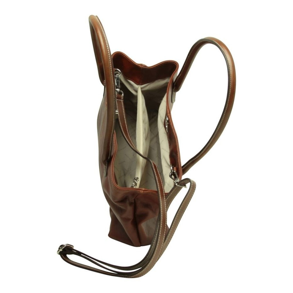 Interno della borsa Vetrina Fiorentina in pelle pieno fiore color mogano con scomparti organizzati e fodera chiara