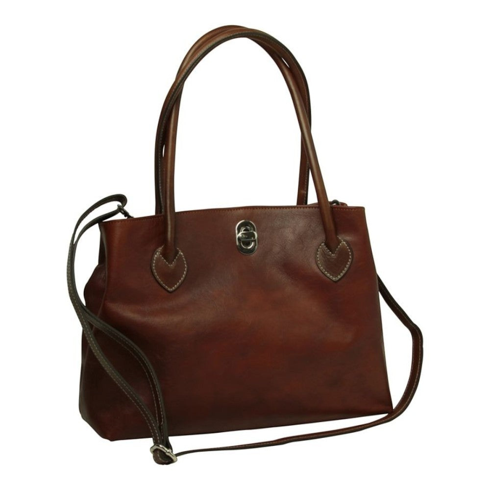 Borsa artigianale Vetrina Fiorentina in pelle pieno fiore color mogano con doppi manici e chiusura a girello