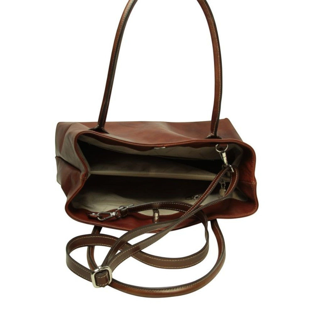 Borsa Vetrina Fiorentina in pelle pieno fiore color mogano con interni organizzati e tracolla regolabile removibile