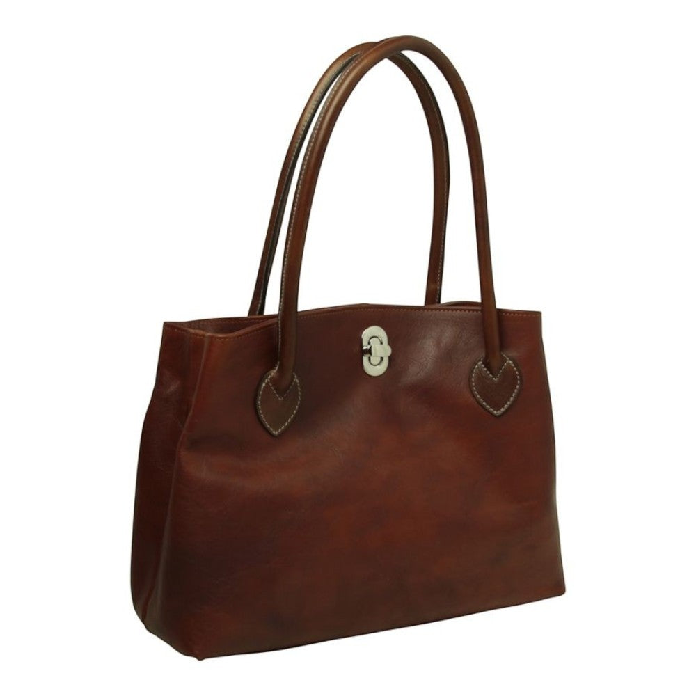 Borsa Vetrina Fiorentina artigianale in pelle pieno fiore color mogano con doppi manici e chiusura a girello