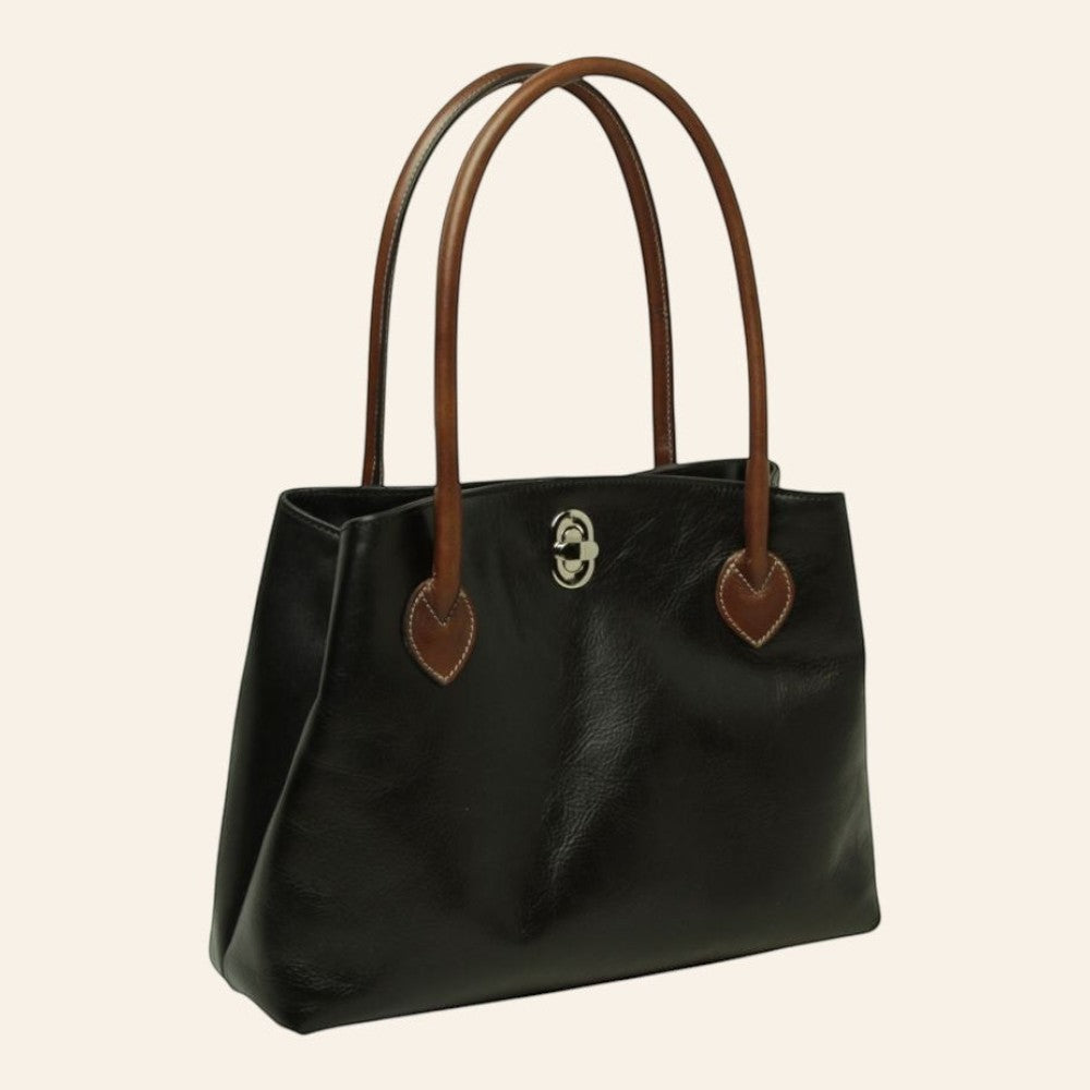 Borsa Vetrina Fiorentina bicolore in pelle pieno fiore nera con manici a contrasto color cuoio e chiusura a girello