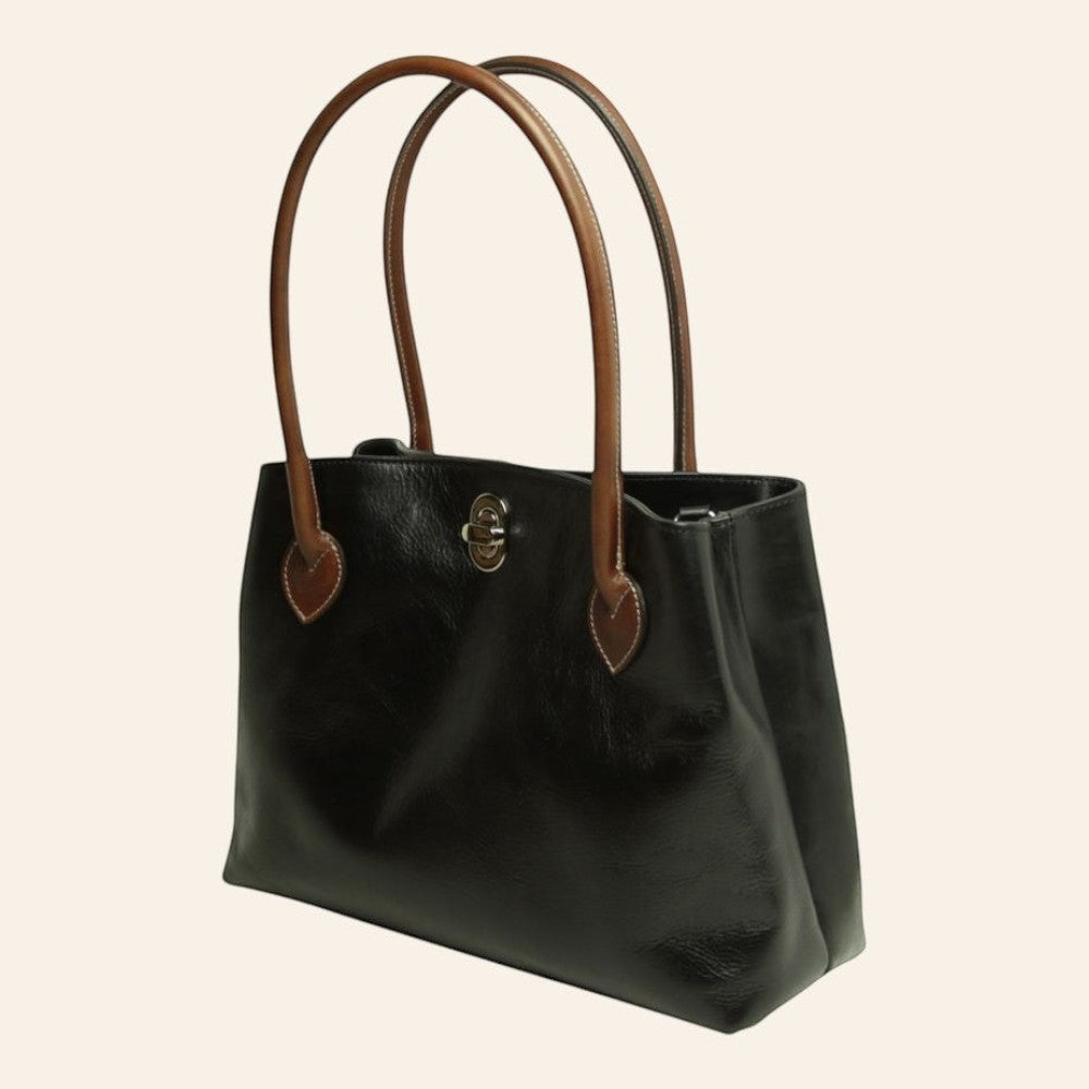 Borsa Vetrina Fiorentina artigianale in pelle pieno fiore nera con manici a contrasto color cuoio e chiusura a girello