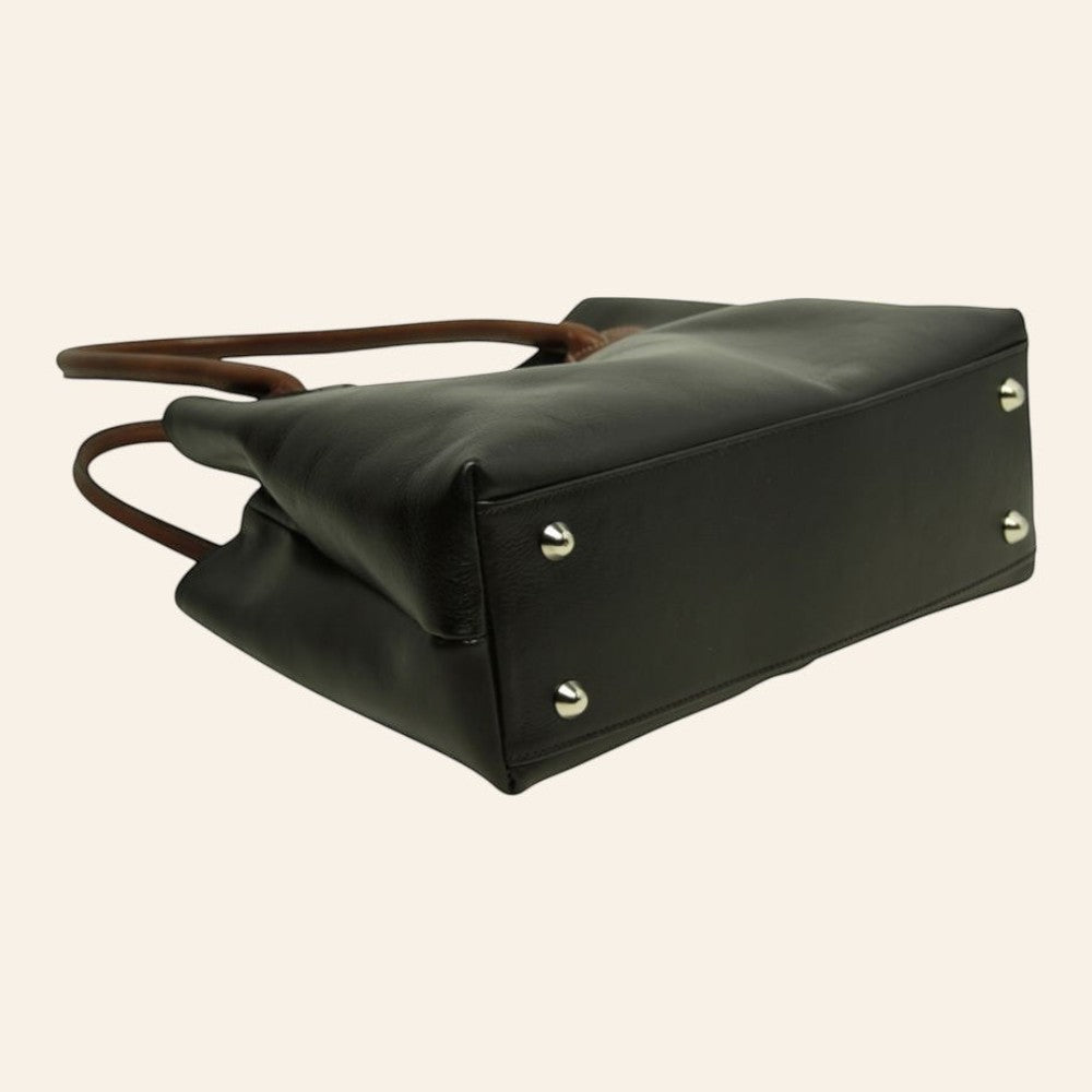 Borsa artigianale Vetrina Fiorentina in pelle pieno fiore nera con manici marroni e piedini metallici protettivi