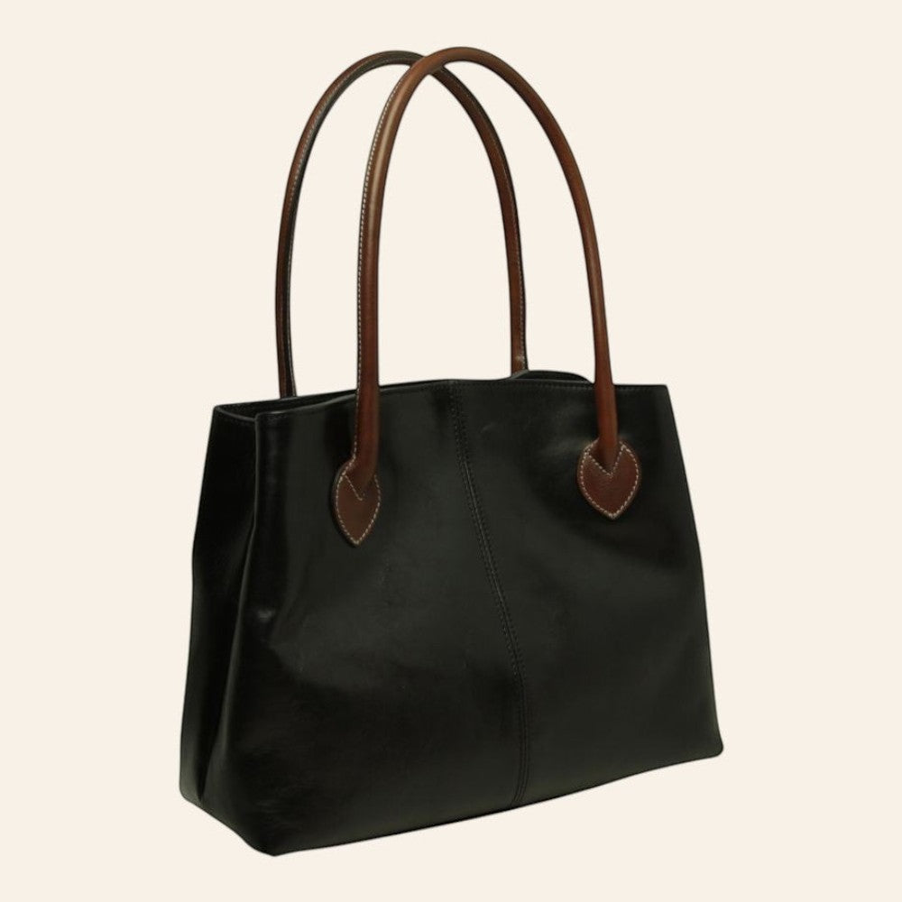 Borsa artigianale Vetrina Fiorentina in pelle pieno fiore nera con manici a contrasto color cuoio