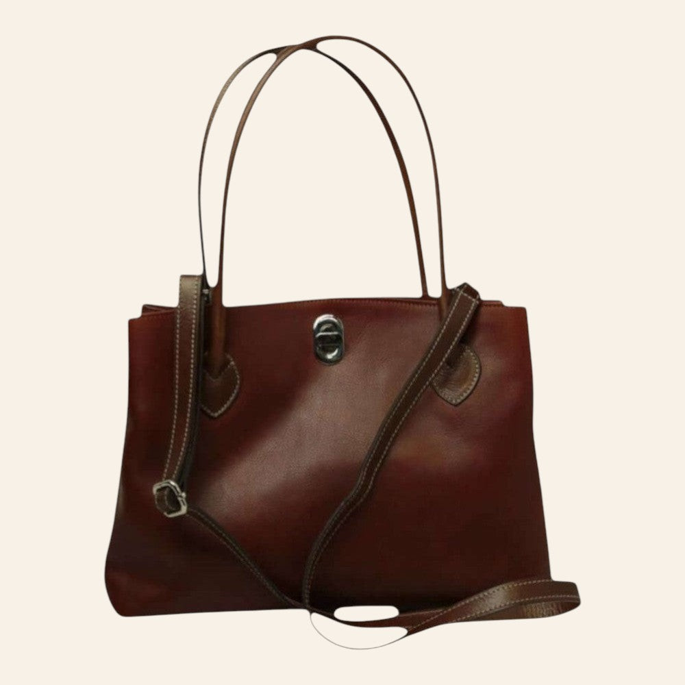 Borsa Vetrina Fiorentina artigianale in pelle pieno fiore color teak con chiusura a girello e tracolla regolabile