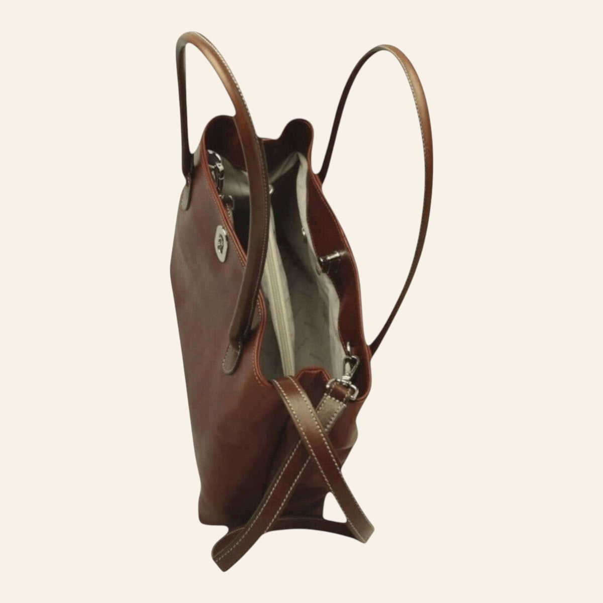 Borsa Vetrina Fiorentina artigianale in pelle pieno fiore color teak con manici e tracolla regolabile