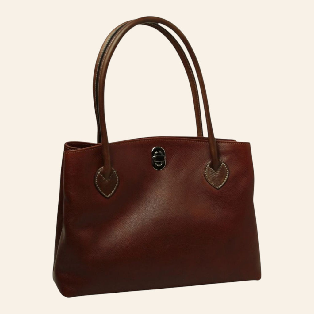 Borsa Vetrina Fiorentina artigianale in pelle pieno fiore color teak con chiusura a girello e doppi manici