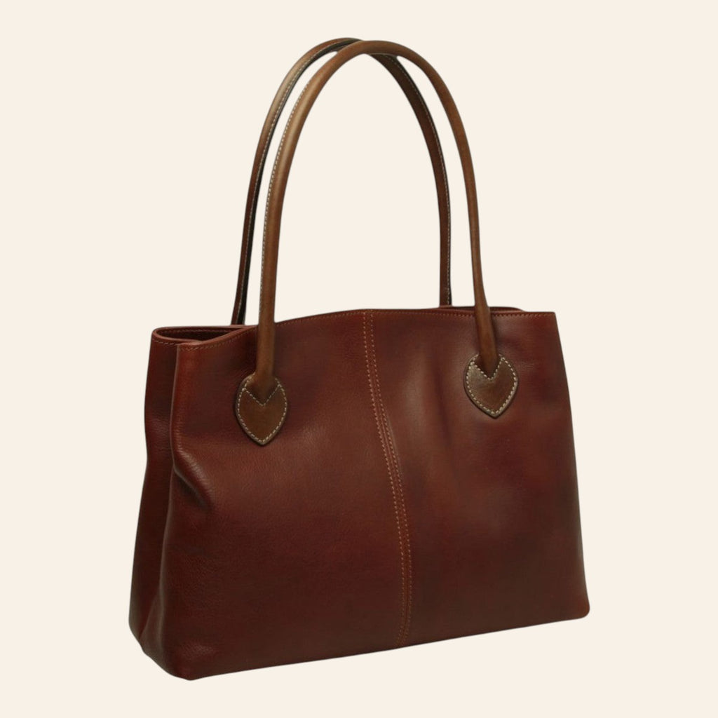 Borsa Vetrina Fiorentina artigianale in pelle pieno fiore color teak con doppi manici e chiusura a girello