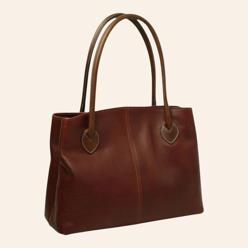Borsa Vetrina Fiorentina artigianale in pelle pieno fiore color teak con doppi manici e chiusura a girello